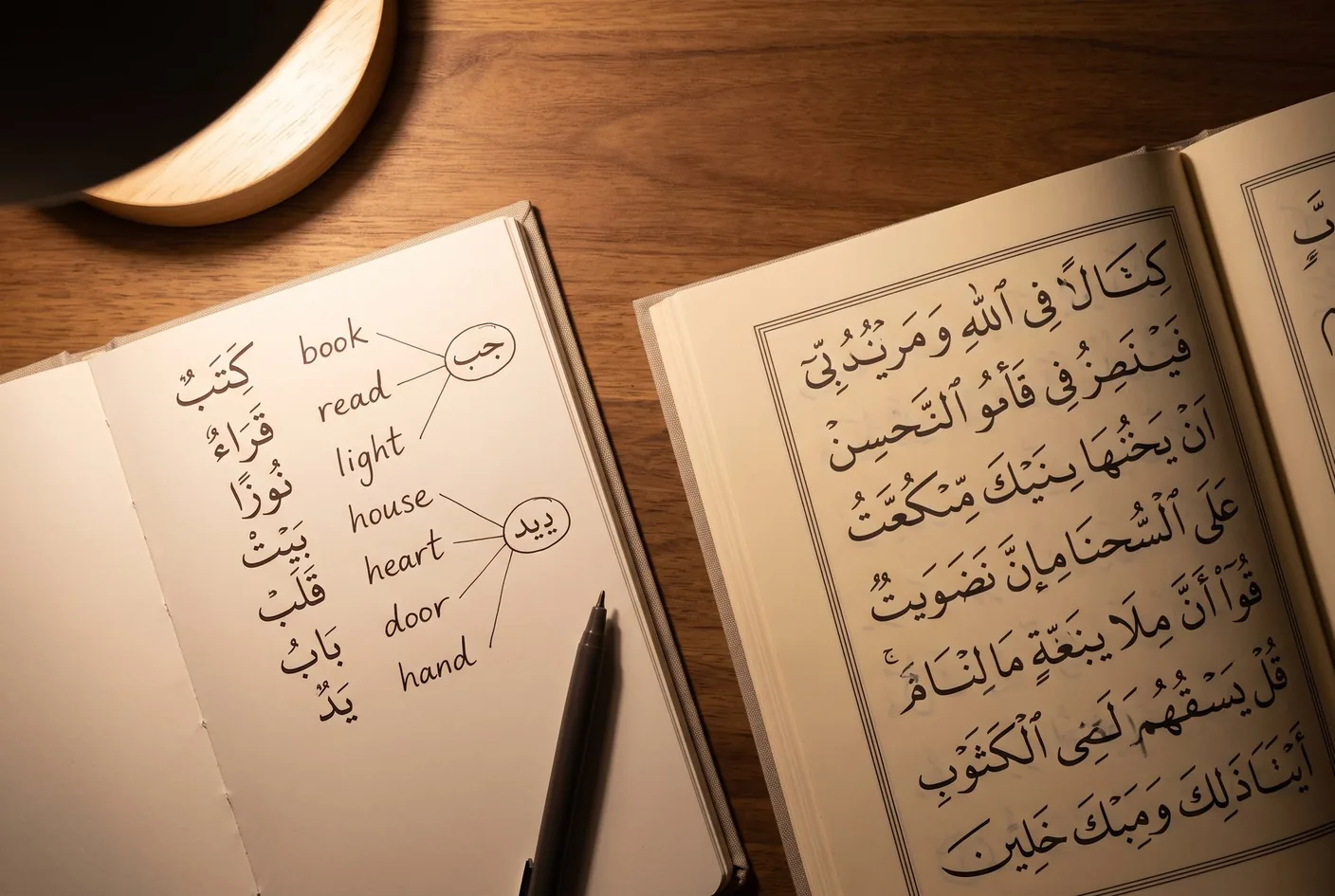 An open notebook of Arabic vocabulary beside an open mushaf on a desk.