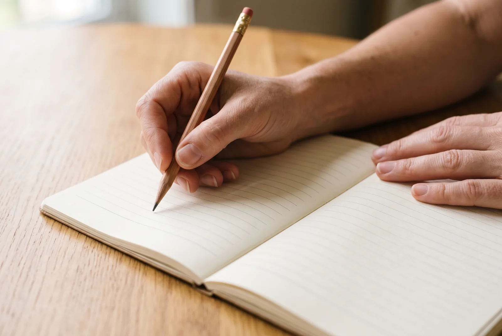A hand tracing a row of printed Arabic letters on a page, a pencil resting alongside.