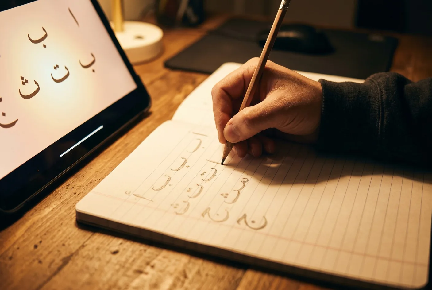 Resources A hand tracing a row of printed Arabic letters on a page, a pencil resting alongside.