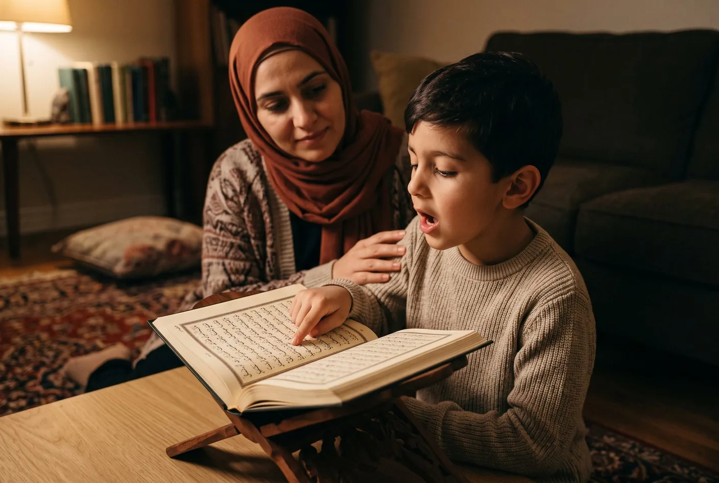 Faculty A boy reciting aloud from an open mushaf on a wooden rehal while his mother listens beside him.