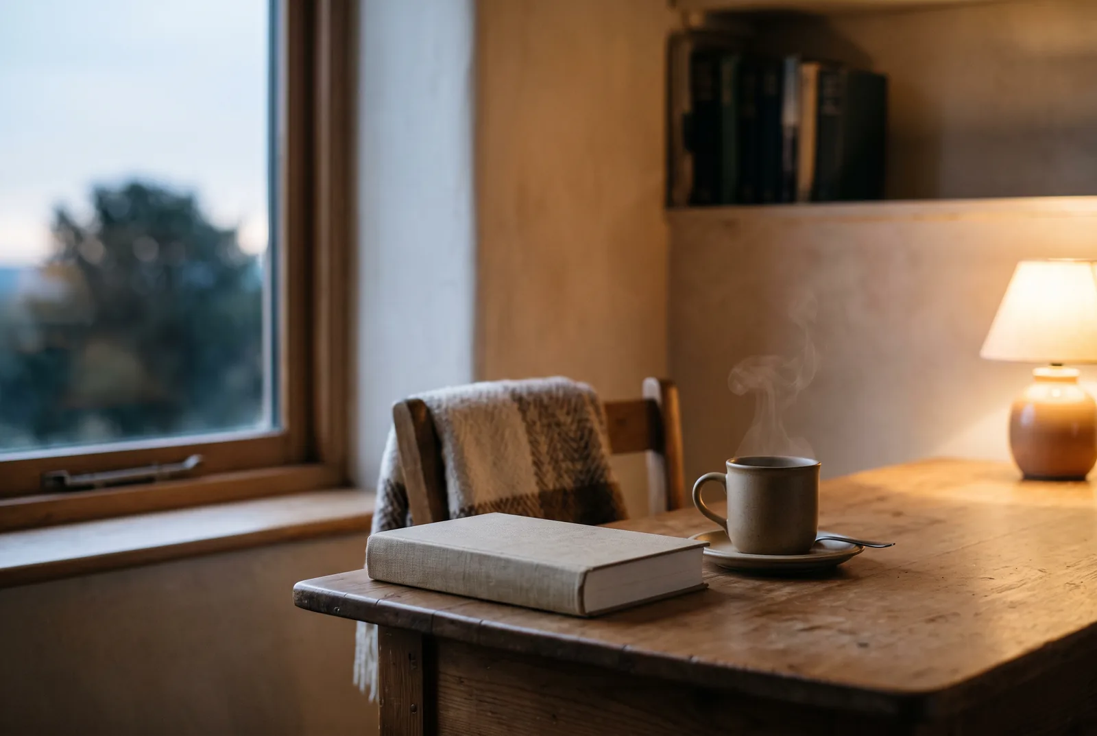 A small wooden desk by a window at first light, a closed cloth-bound book and a steaming cup on it, the chair empty.