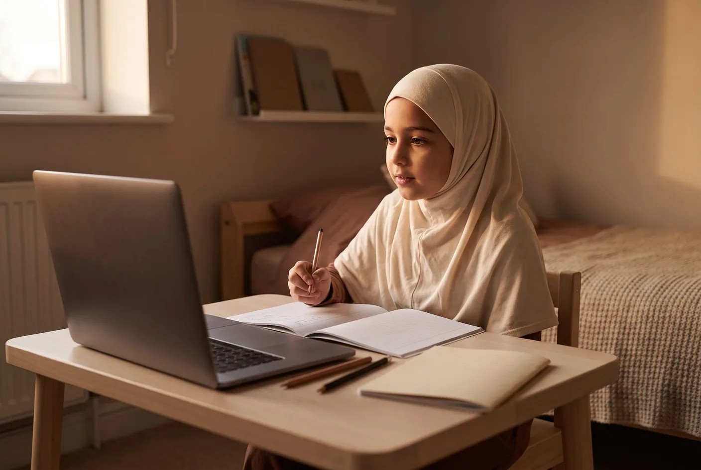 A girl in her bedroom listening to an online lesson at a small desk, pencil in hand.