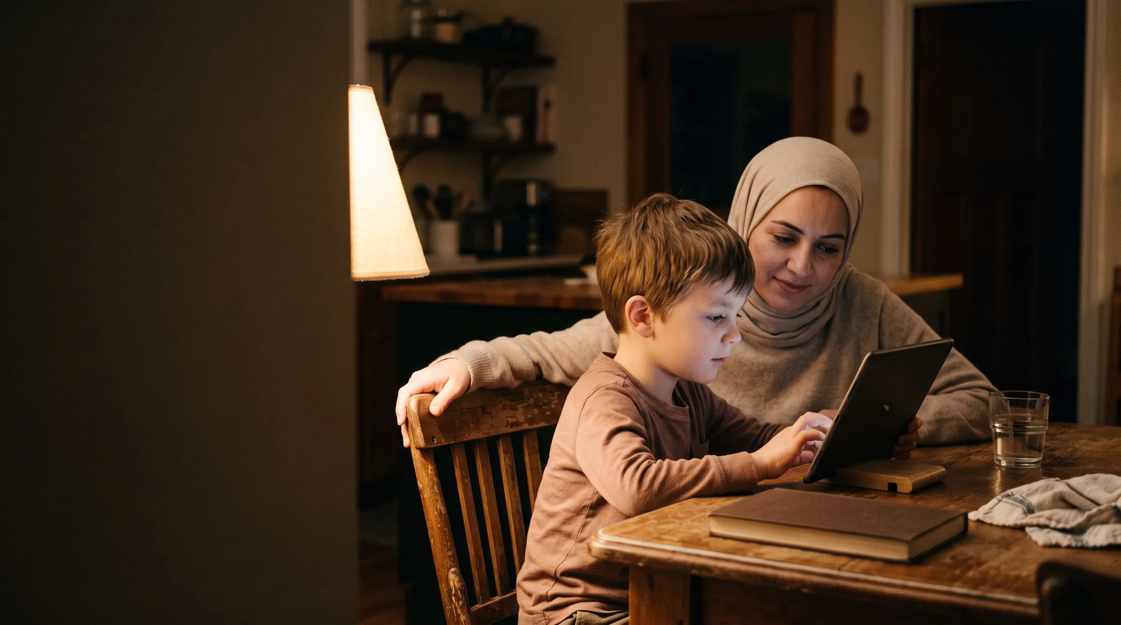 Book Free Trial A mother and her young son at a kitchen table in the evening, following a lesson on a tablet propped on a wooden stand.