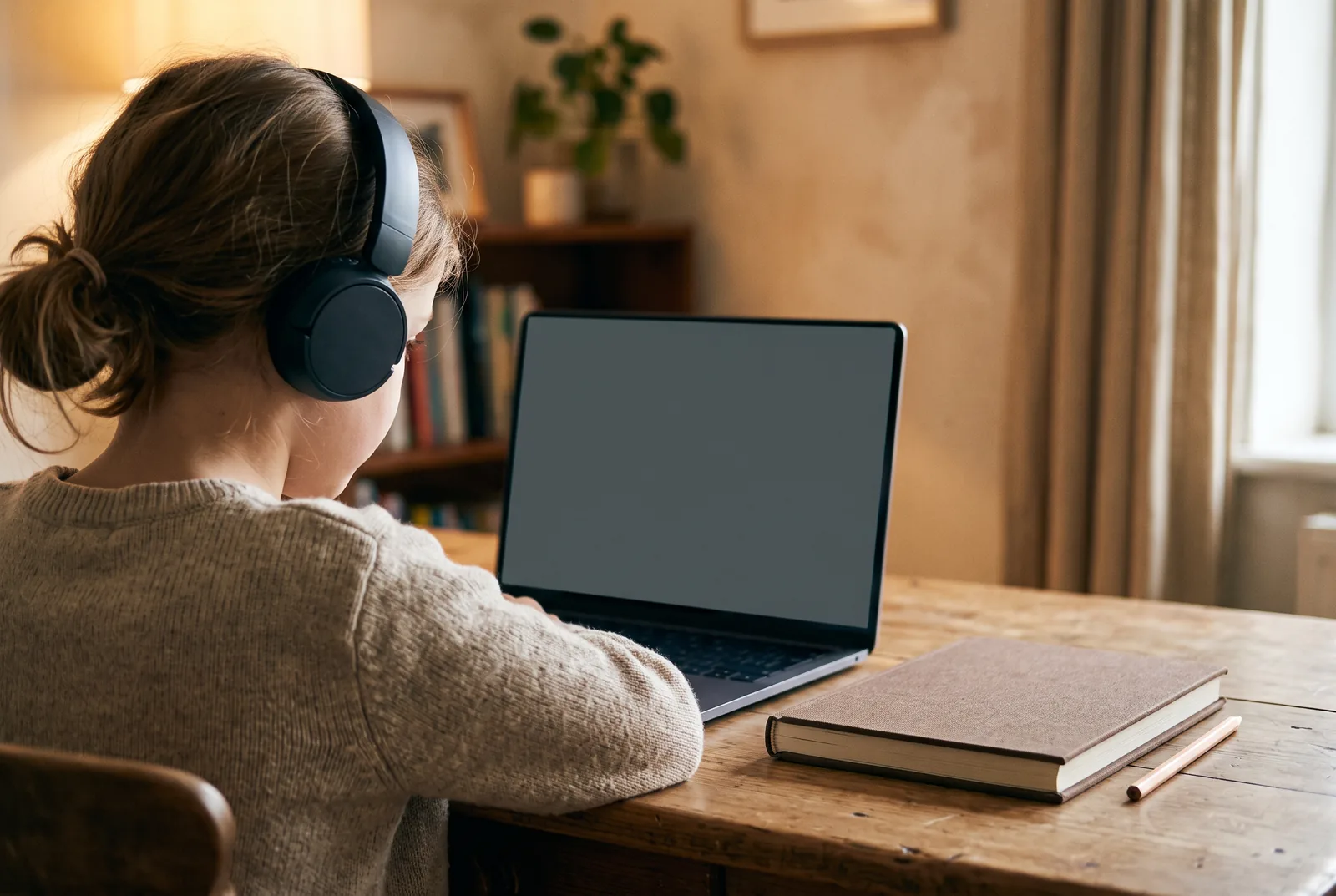 A child of about eight at a desk wearing headphones, seen from behind, a laptop and a closed book in front of them.