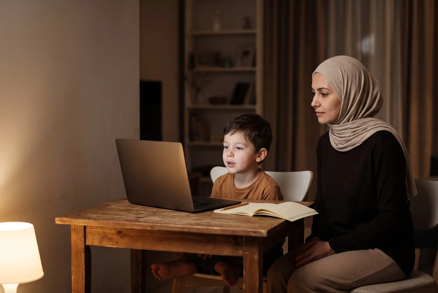 A mother sitting beside her son at a table, both watching a lesson on a laptop screen.