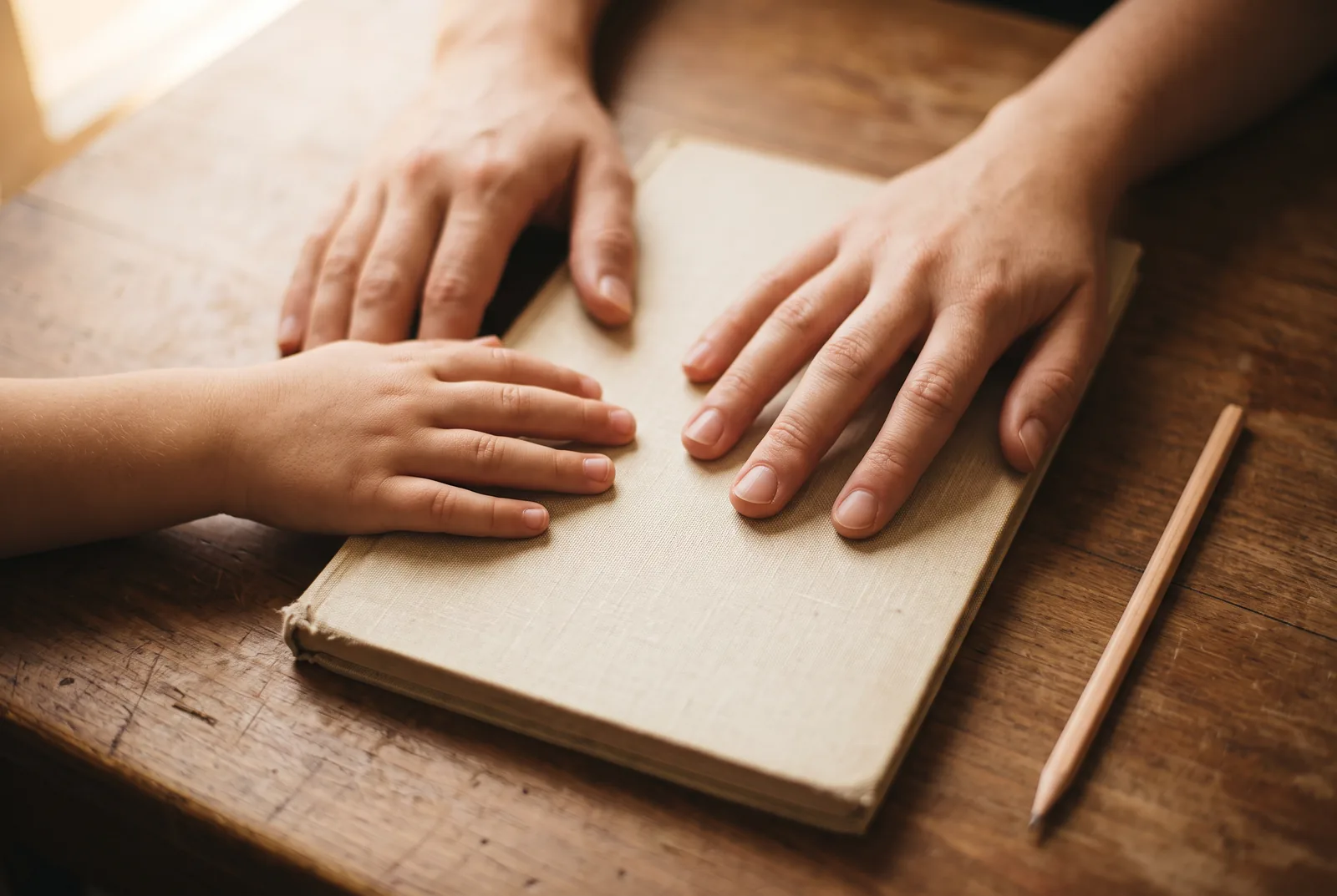 A child's hands on an open Noorani Qaida, one finger tracking a row of letters.