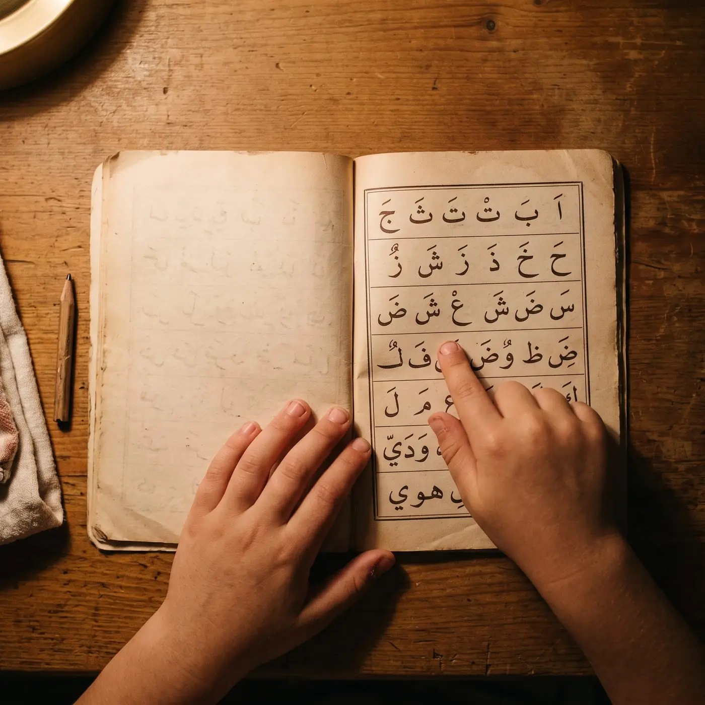 A child's hands on an open Noorani Qaida, one finger tracking a row of letters.