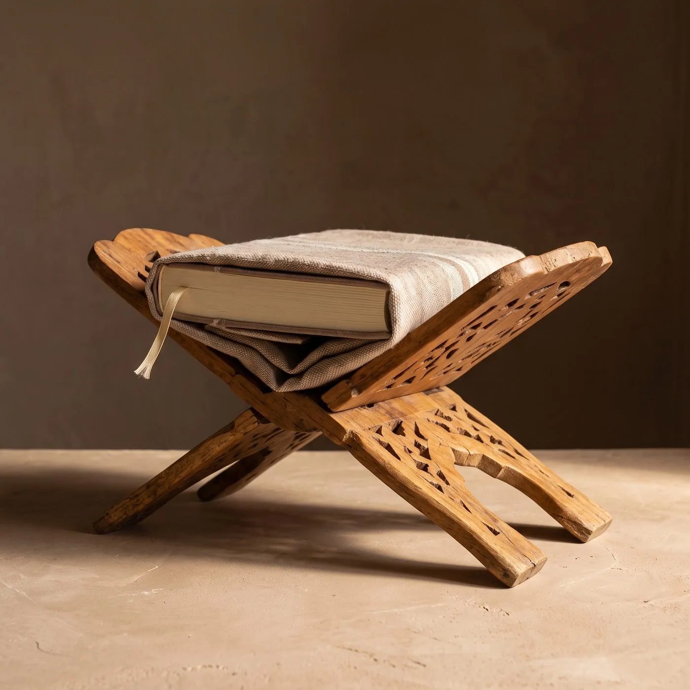 A cloth-wrapped mushaf resting closed on a carved wooden rehal.