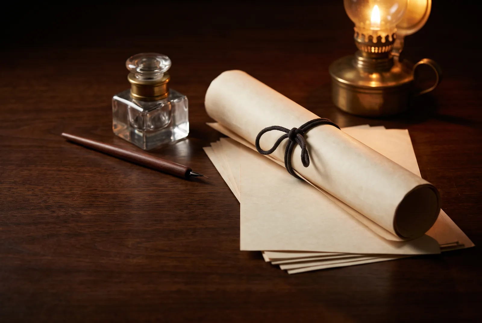 Handwritten certification documents recording a chain of transmission, resting on a desk.