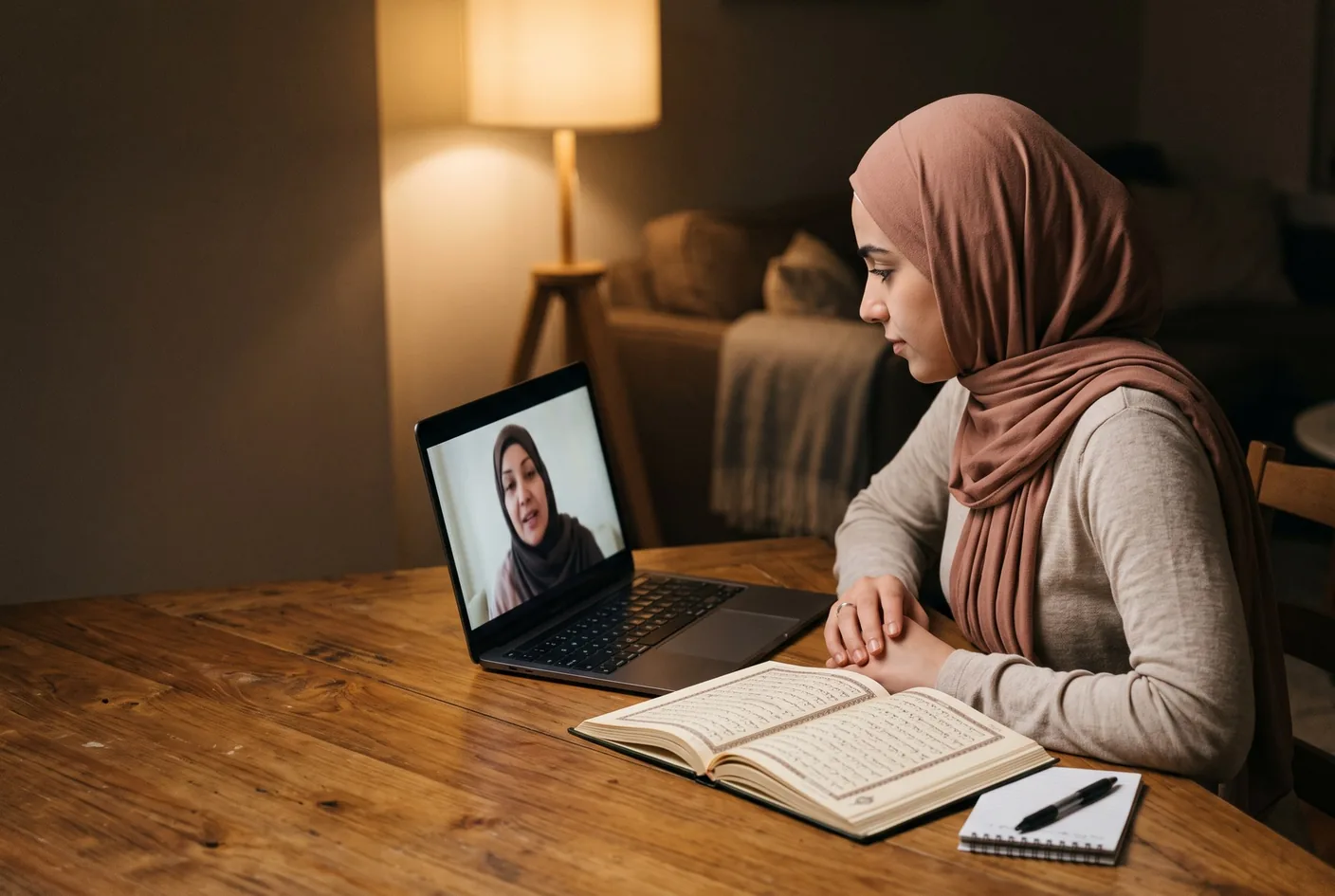 About A woman in hijab following a Quran lesson on a laptop at a table by a window.