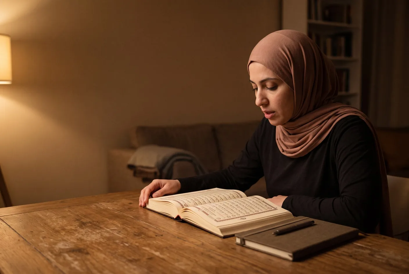 A woman in hijab reading aloud from an open mushaf at a wooden table at home, a notebook beside her.