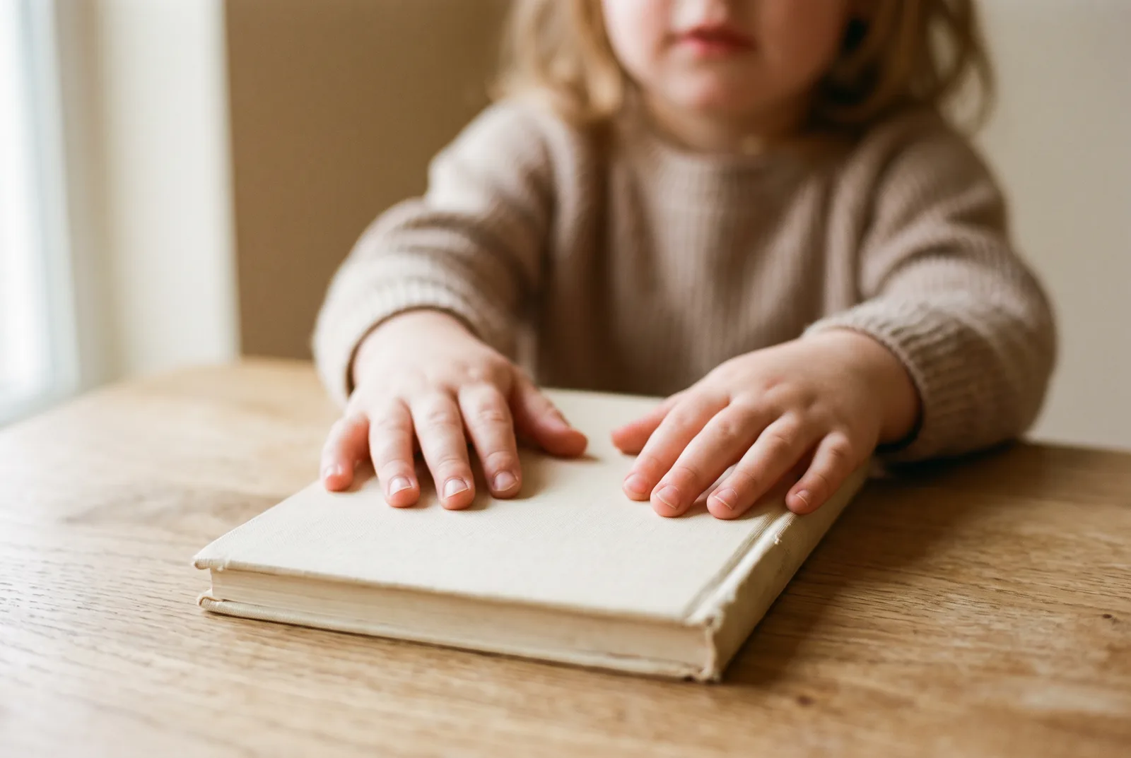 A young child's hands resting flat on a small closed book with a plain cream cover, the child soft and out of focus behind.