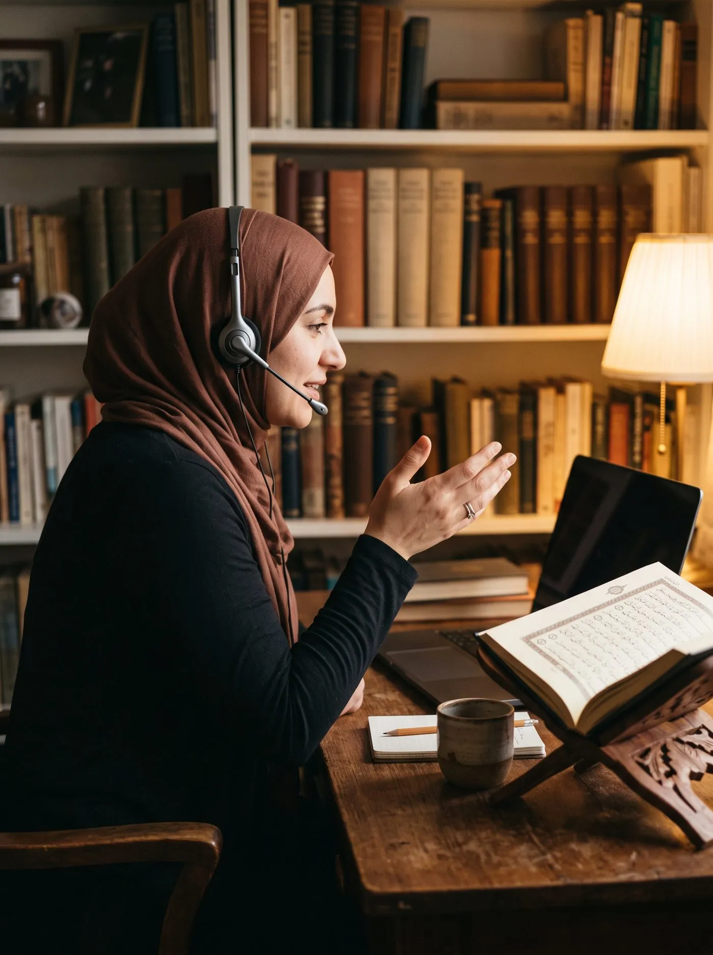 Faculty A teacher wearing a headset speaks toward her laptop during an online lesson, an open mushaf resting on a carved wooden rehal beside her.