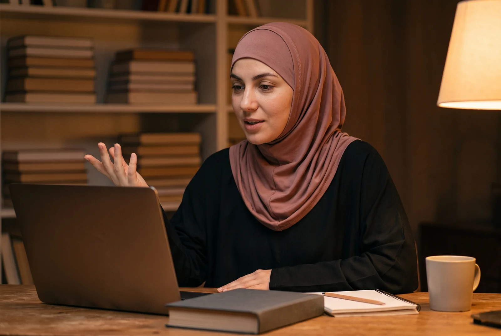 A woman Quran teacher in a hijab at her desk in the evening, speaking toward her laptop and gesturing with one open hand, a closed book and blank notebook beside her.