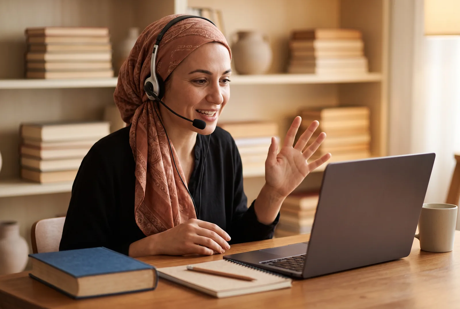 A woman teacher in a headscarf at her desk wearing a headset, gesturing with one open hand while explaining something, a closed book and notebook beside her laptop.