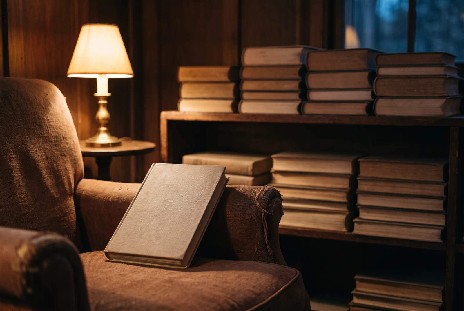 A worn armchair at dusk under a lamp, a blank closed book resting on the seat, shelves of flat-stacked books behind.